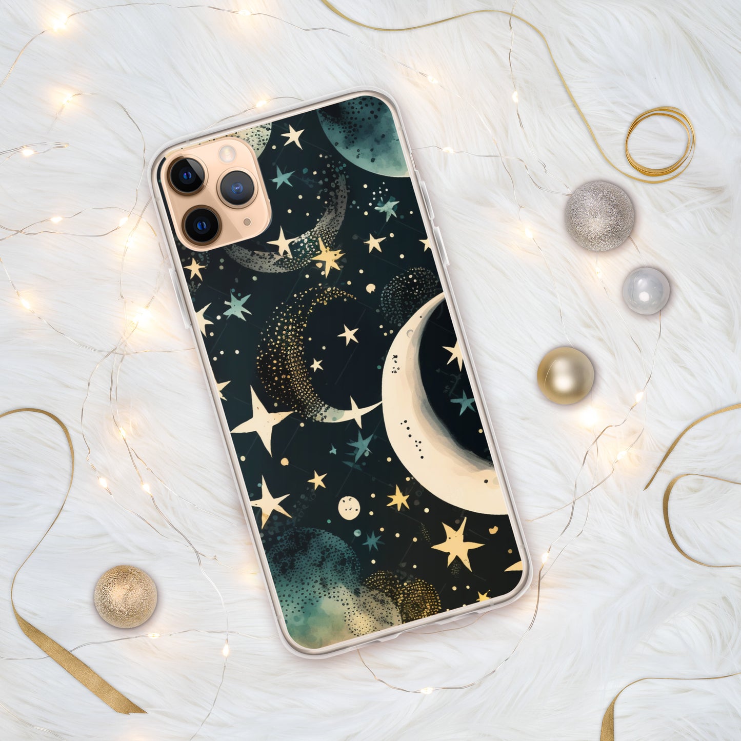 Clear Case for iPhone® night sky, stars, moon, blues, soft feel, multiple sizes