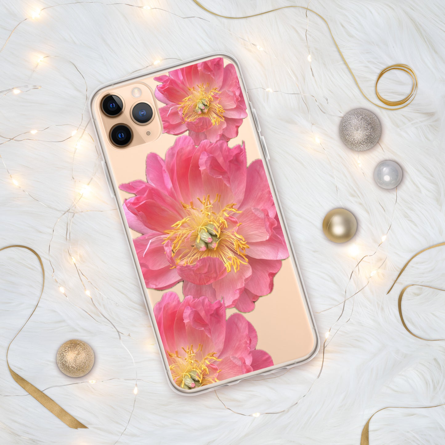 Clear Case for iPhone®, pink floral design of peonies on a clear background, accomodates many models of phone