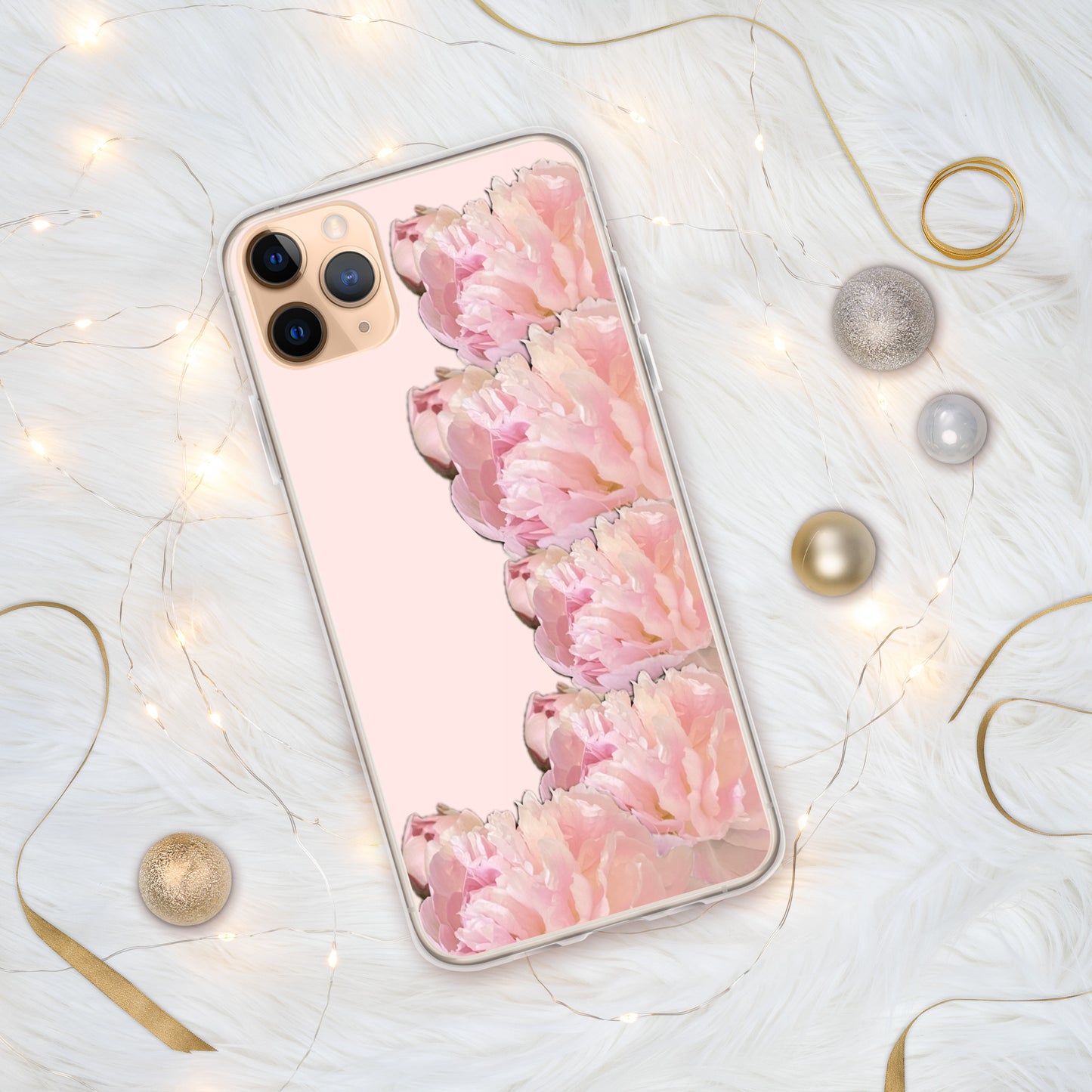 Pink Case for iPhone®, pink floral design of peonies on a pink background, accommodates many models of iPhone