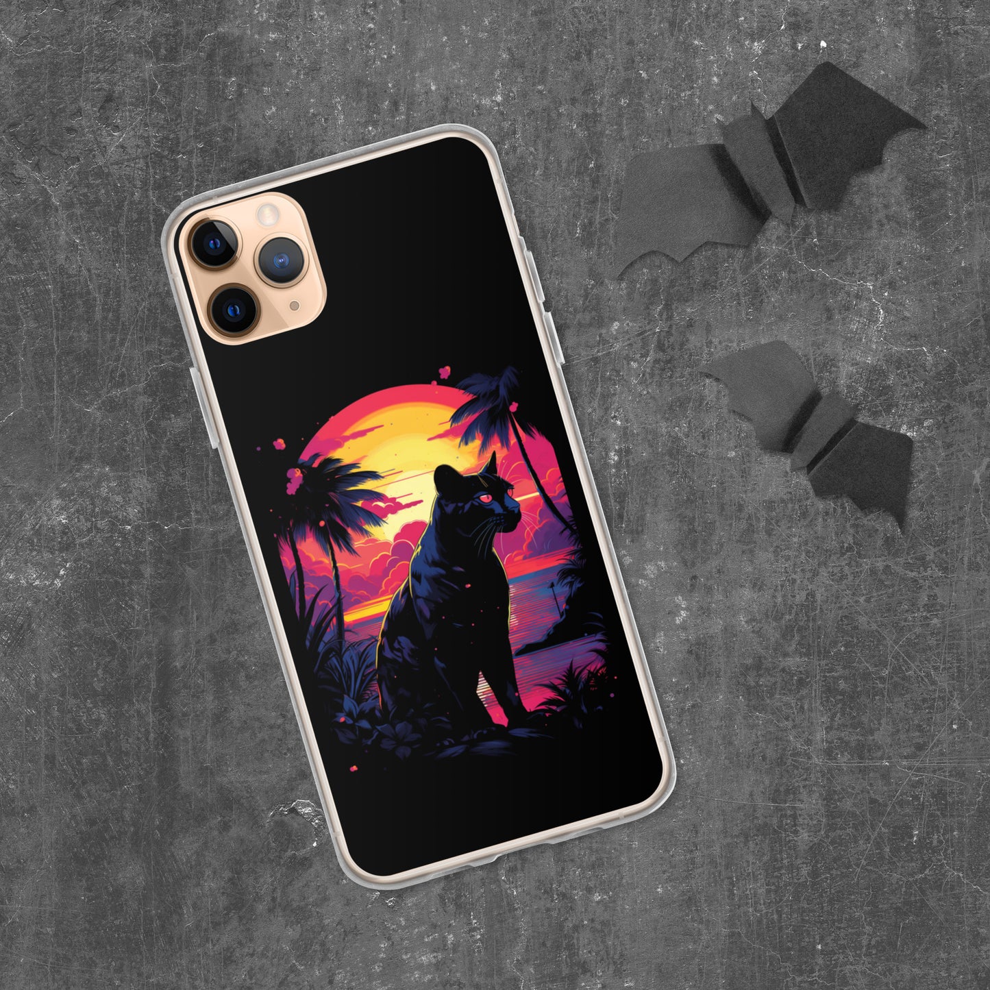 Panther Case for iPhone®, flexible, solid, black, fits various models, palm tree, sunset