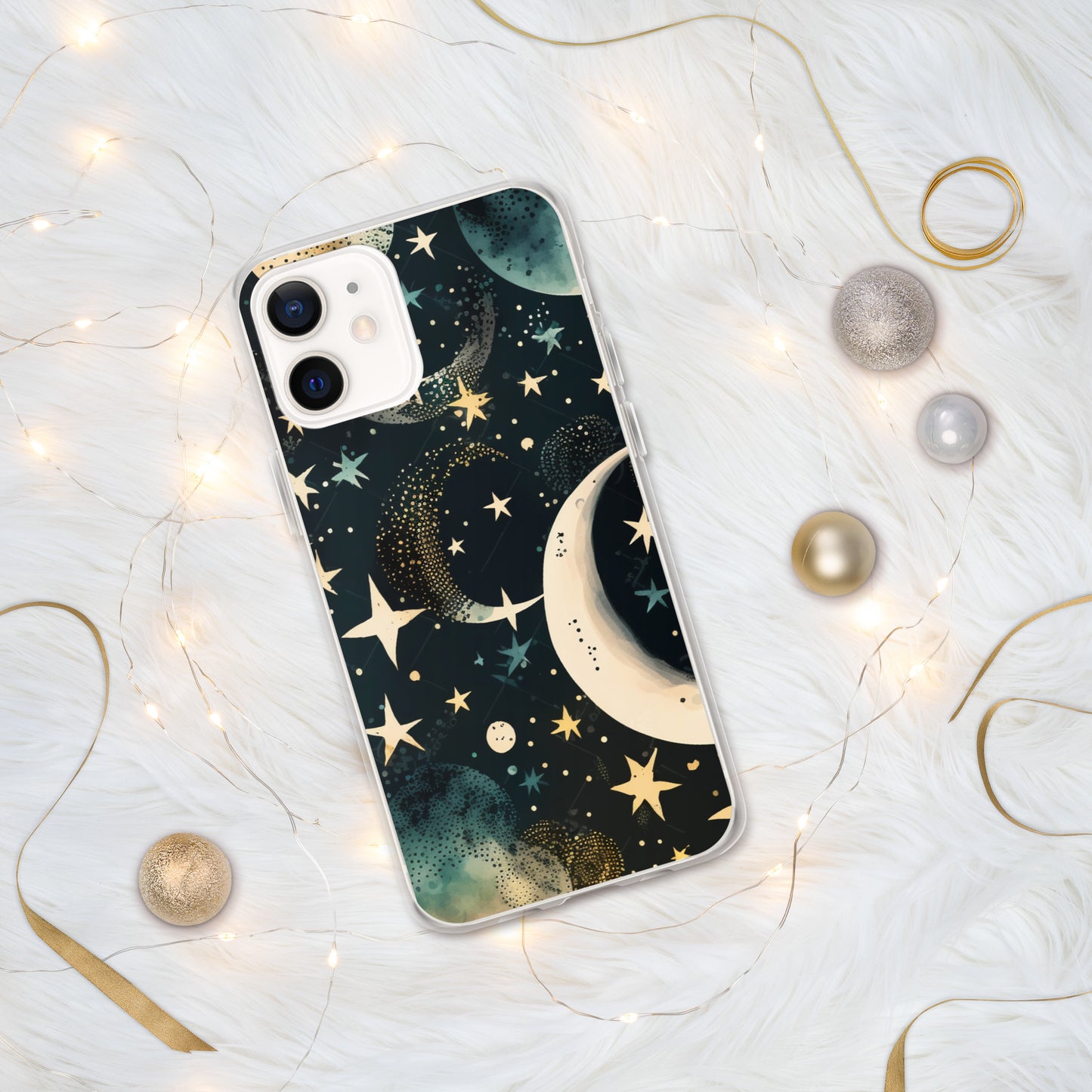 Clear Case for iPhone® night sky, stars, moon, blues, soft feel, multiple sizes