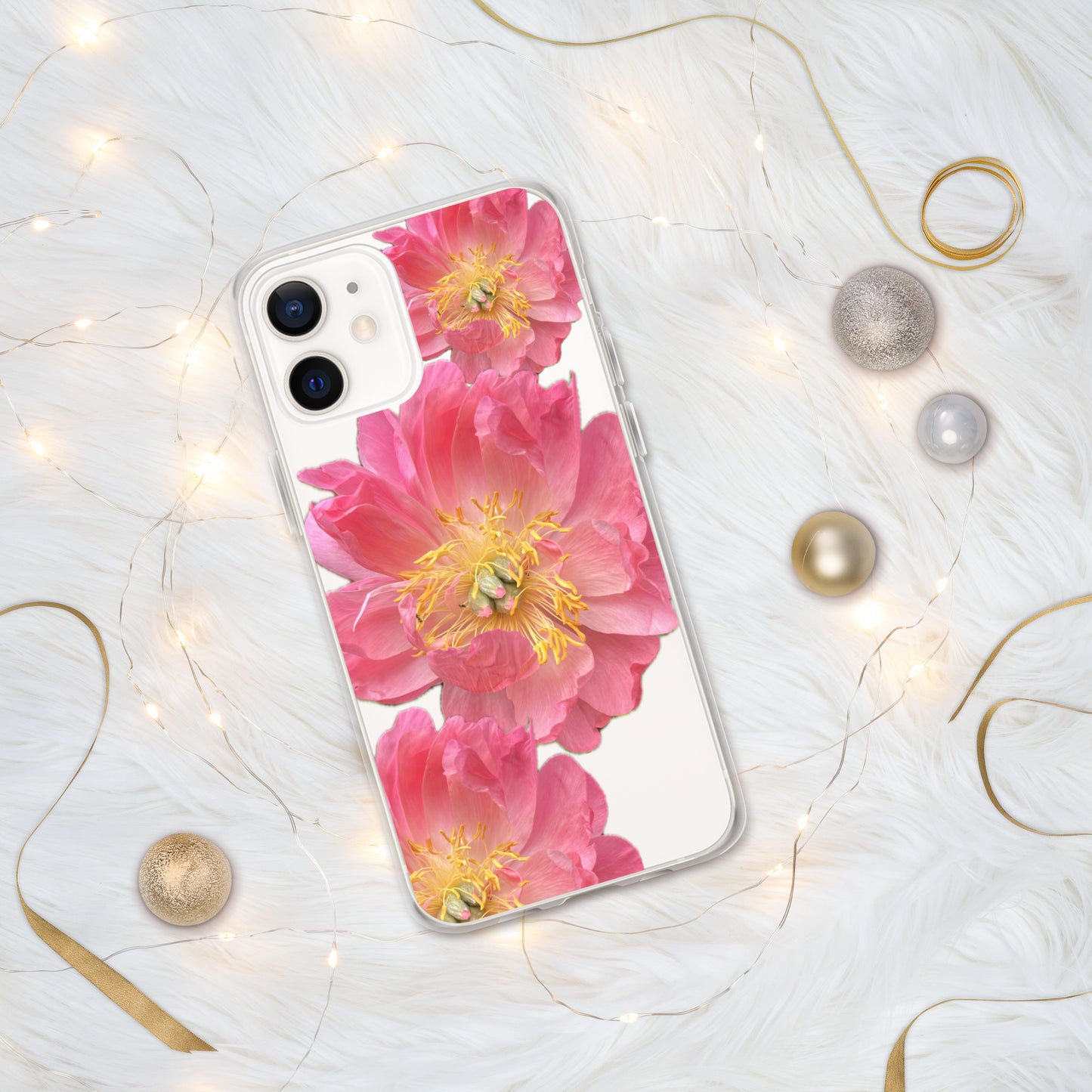 Clear Case for iPhone®, pink floral design of peonies on a clear background, accomodates many models of phone