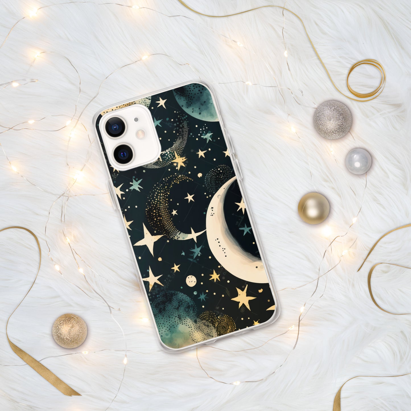 Clear Case for iPhone® night sky, stars, moon, blues, soft feel, multiple sizes