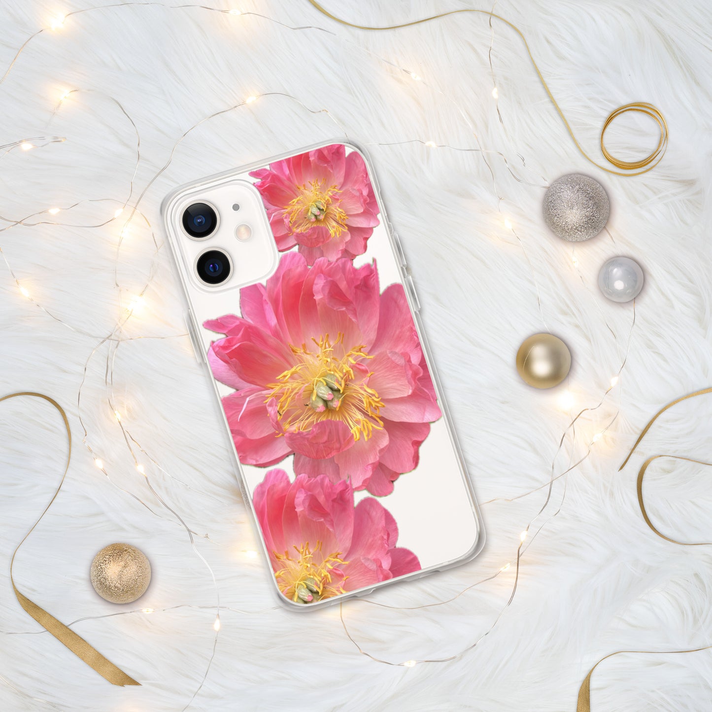 Clear Case for iPhone®, pink floral design of peonies on a clear background, accomodates many models of phone