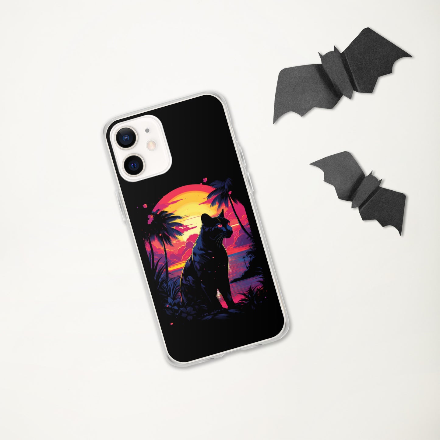 Panther Case for iPhone®, flexible, solid, black, fits various models, palm tree, sunset