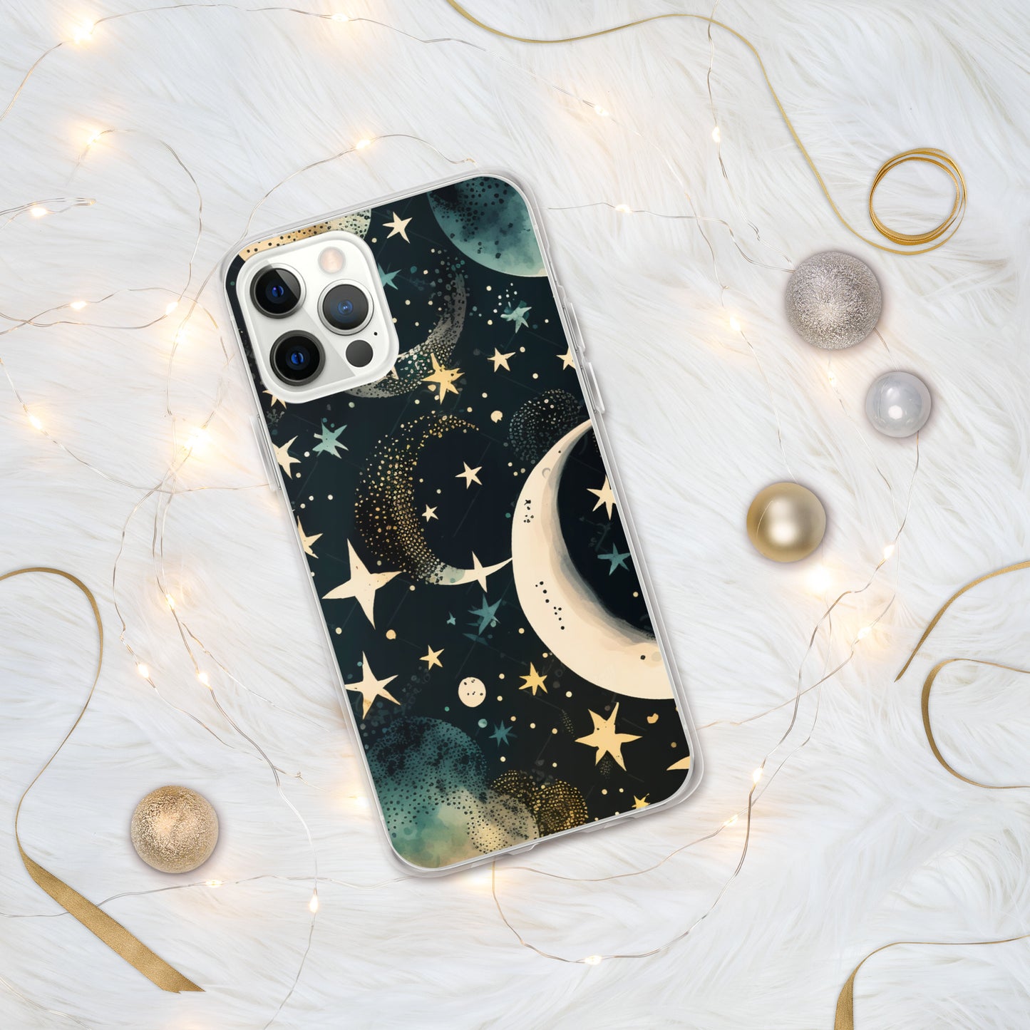 Clear Case for iPhone® night sky, stars, moon, blues, soft feel, multiple sizes