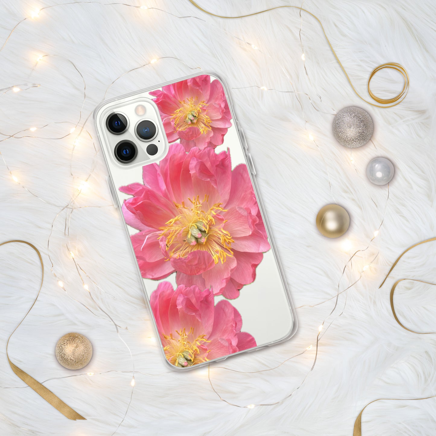 Clear Case for iPhone®, pink floral design of peonies on a clear background, accomodates many models of phone