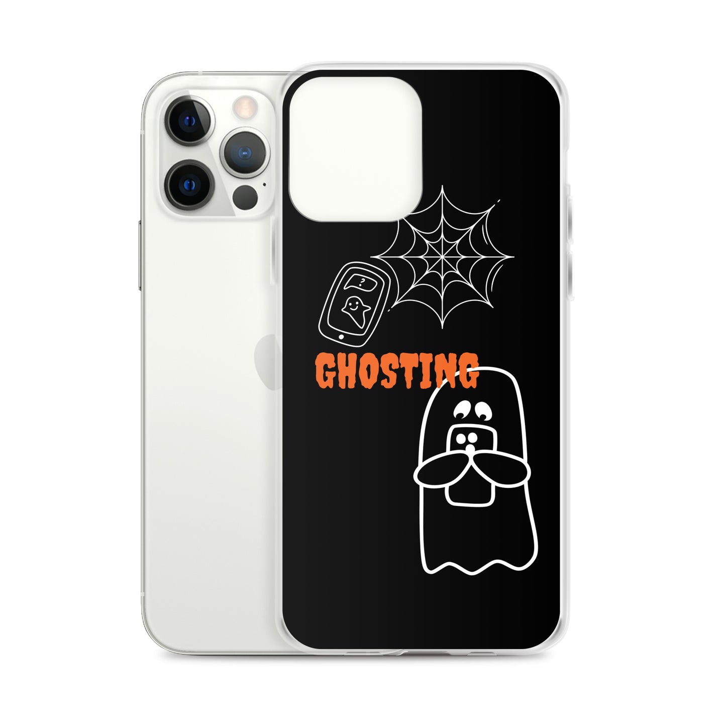 Clear Case for iPhone® with guosting theme, image of ghost and spider web