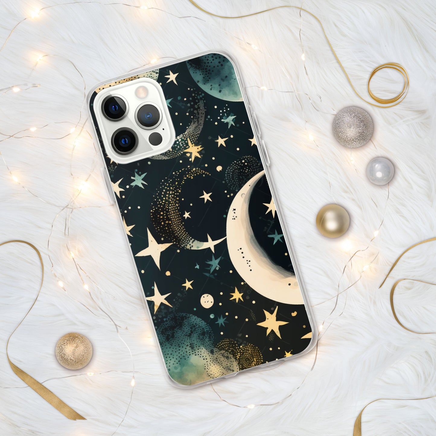 Clear Case for iPhone® night sky, stars, moon, blues, soft feel, multiple sizes