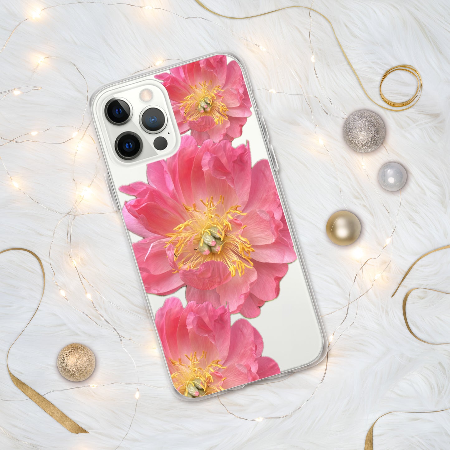 Clear Case for iPhone®, pink floral design of peonies on a clear background, accomodates many models of phone