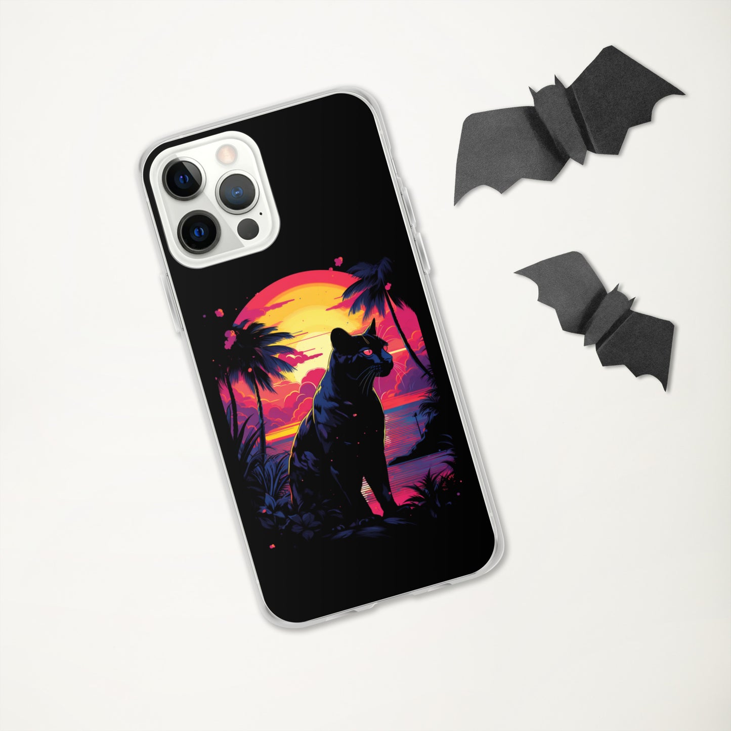 Panther Case for iPhone®, flexible, solid, black, fits various models, palm tree, sunset