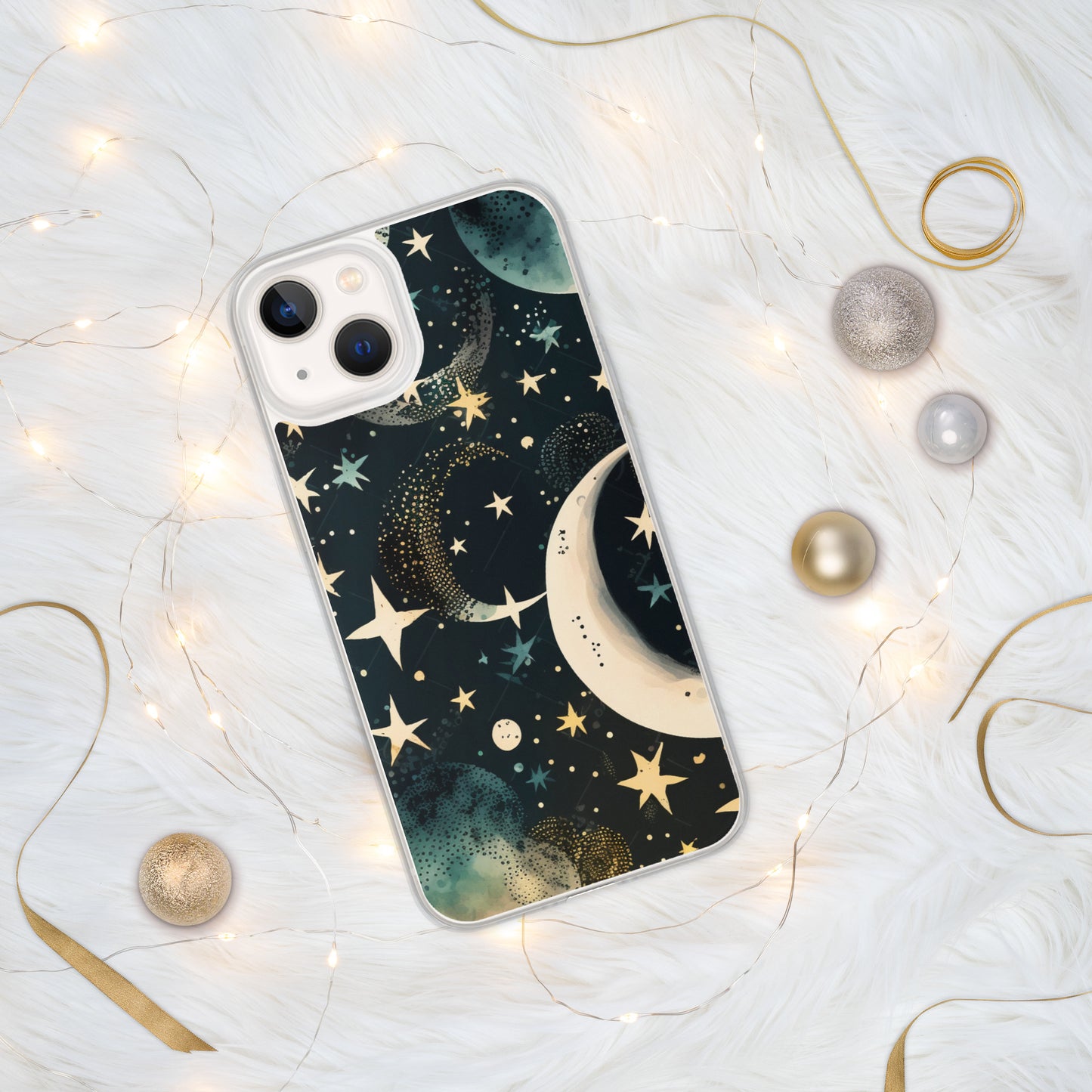 Clear Case for iPhone® night sky, stars, moon, blues, soft feel, multiple sizes