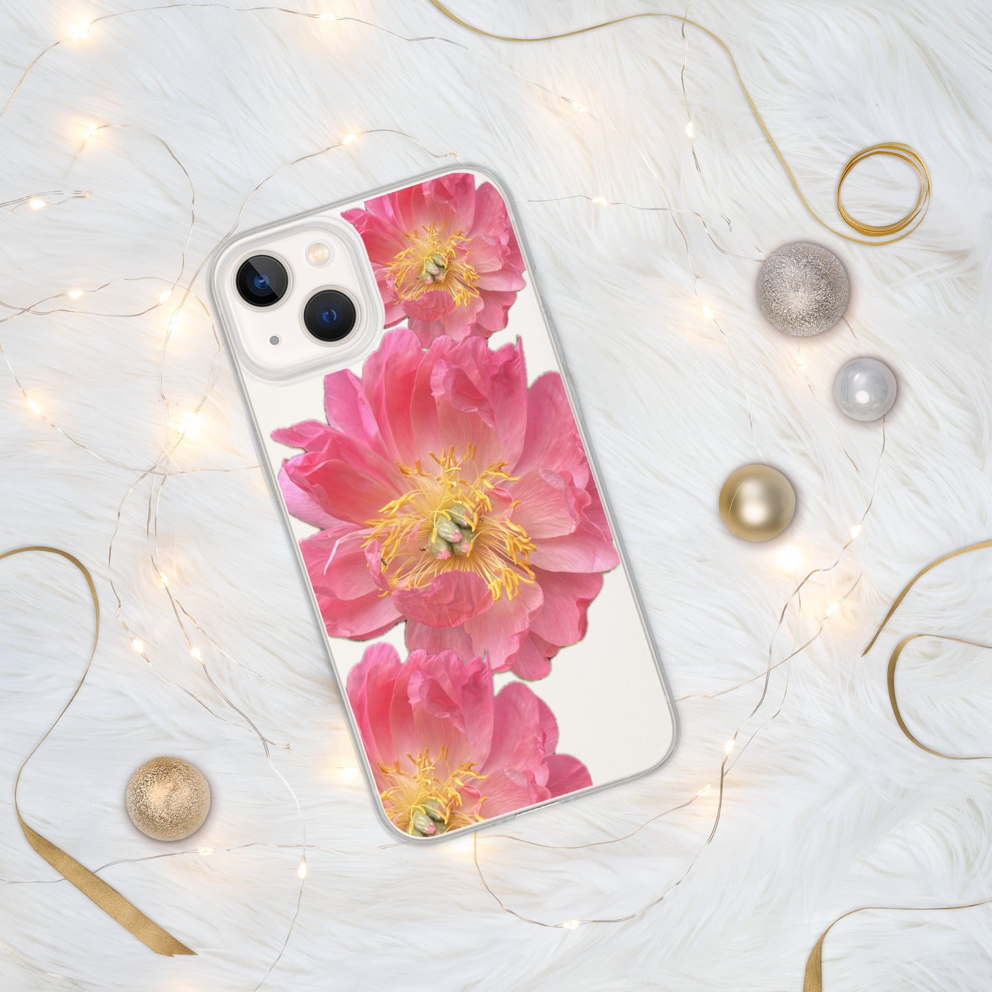 Clear Case for iPhone®, pink floral design of peonies on a clear background, accomodates many models of phone