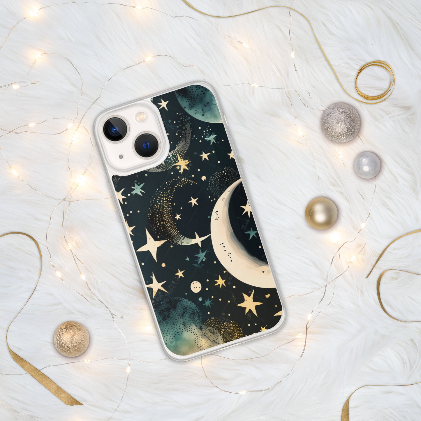 Clear Case for iPhone® night sky, stars, moon, blues, soft feel, multiple sizes