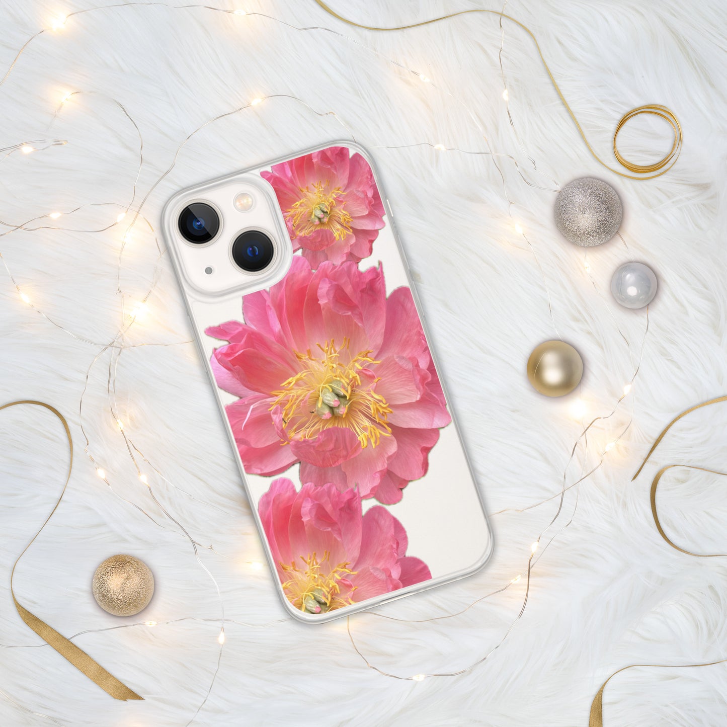 Clear Case for iPhone®, pink floral design of peonies on a clear background, accomodates many models of phone