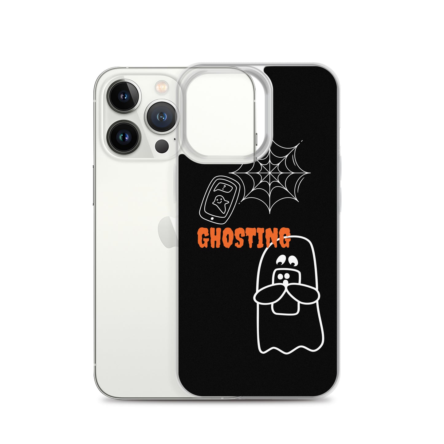 Clear Case for iPhone® with guosting theme, image of ghost and spider web