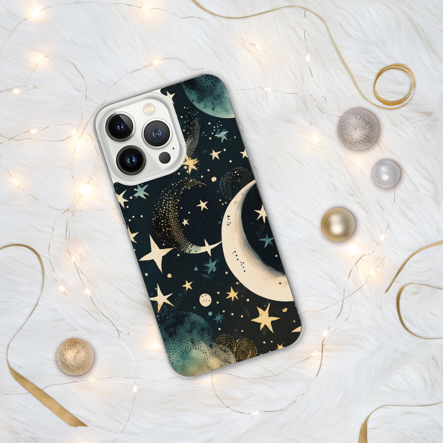 Clear Case for iPhone® night sky, stars, moon, blues, soft feel, multiple sizes