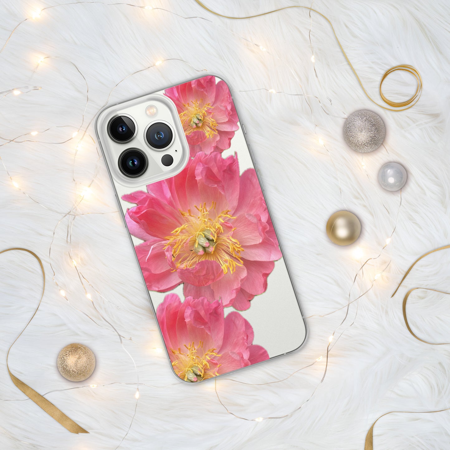 Clear Case for iPhone®, pink floral design of peonies on a clear background, accomodates many models of phone