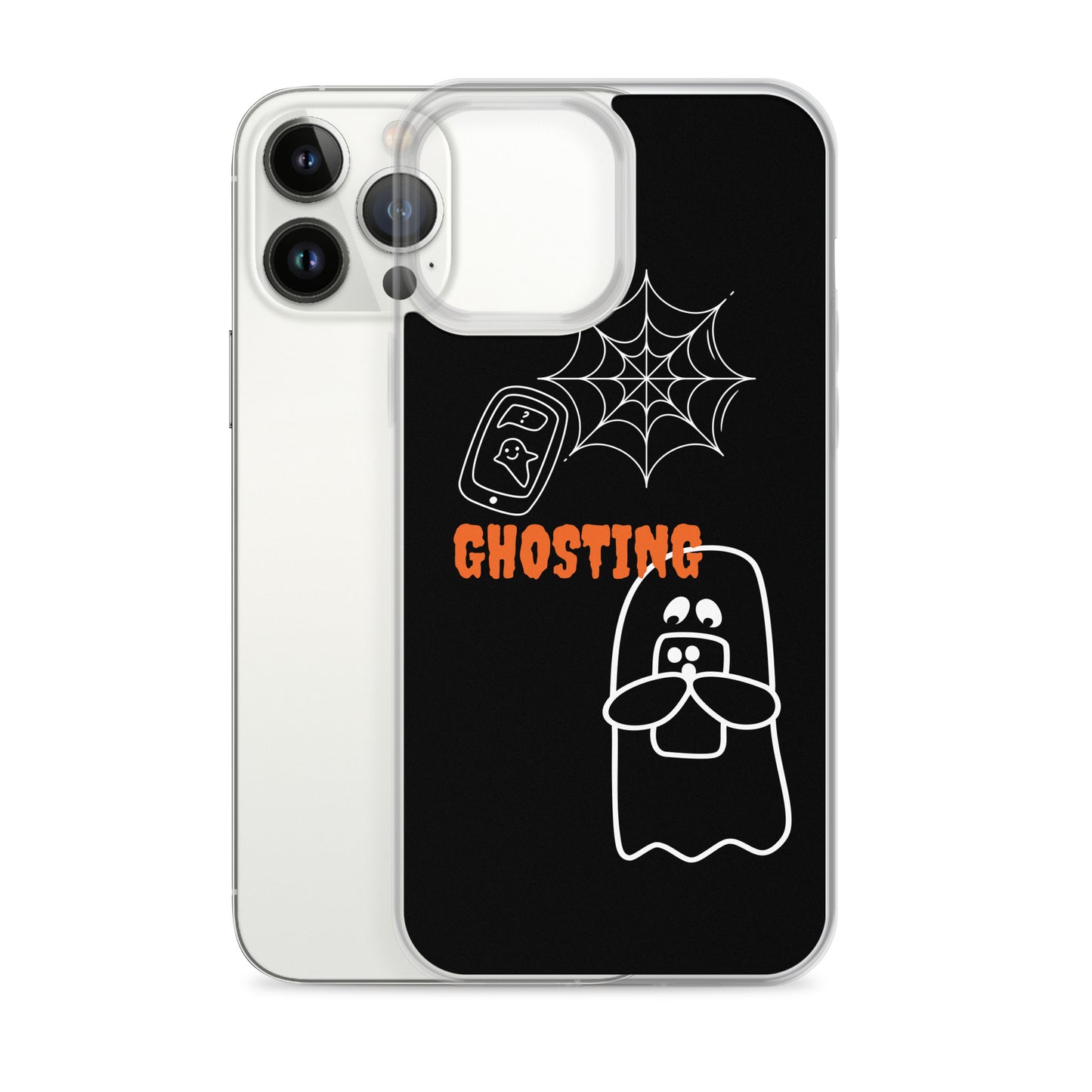 Clear Case for iPhone® with guosting theme, image of ghost and spider web