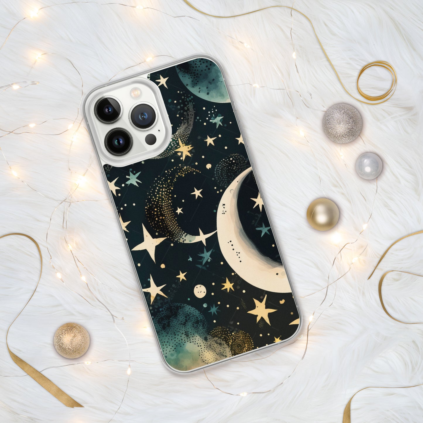 Clear Case for iPhone® night sky, stars, moon, blues, soft feel, multiple sizes