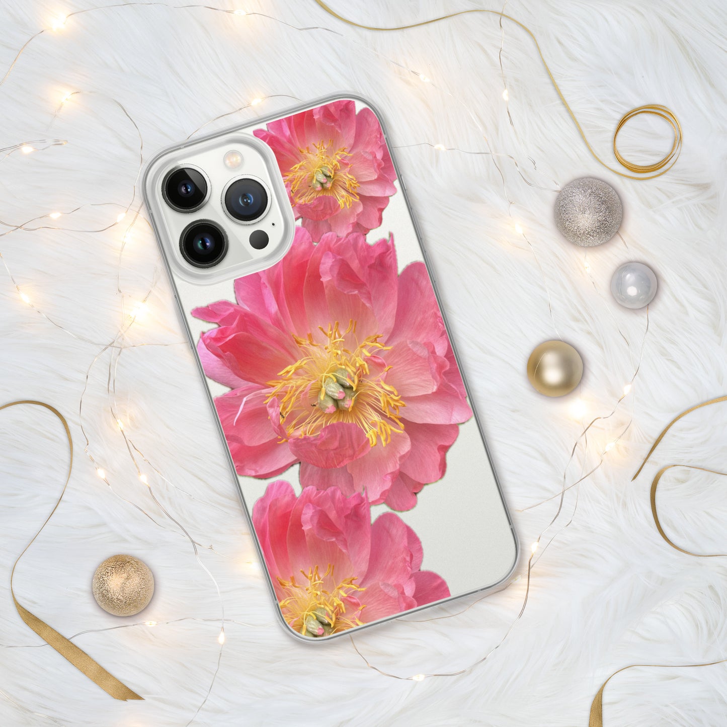 Clear Case for iPhone®, pink floral design of peonies on a clear background, accomodates many models of phone