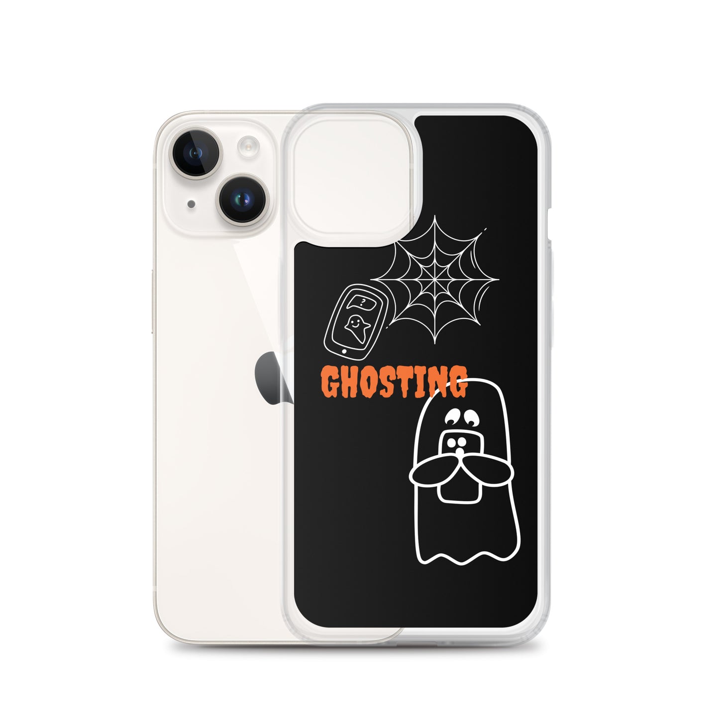 Clear Case for iPhone® with guosting theme, image of ghost and spider web