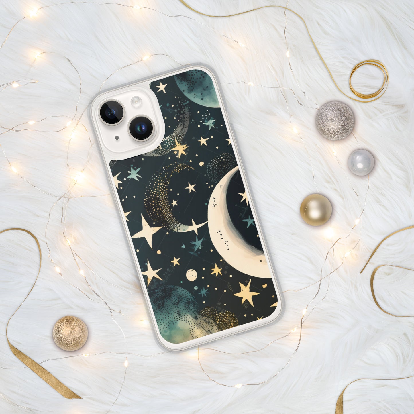 Clear Case for iPhone® night sky, stars, moon, blues, soft feel, multiple sizes