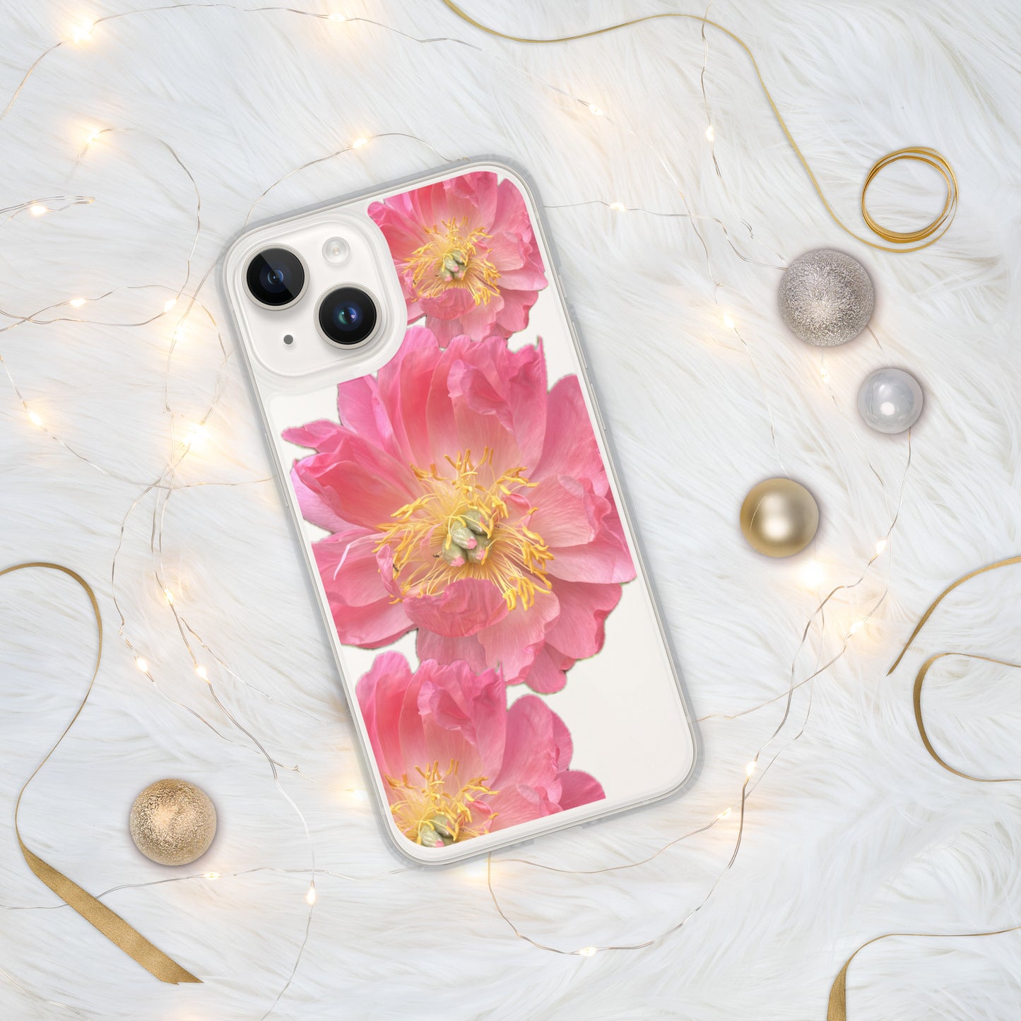 Clear Case for iPhone®, pink floral design of peonies on a clear background, accomodates many models of phone