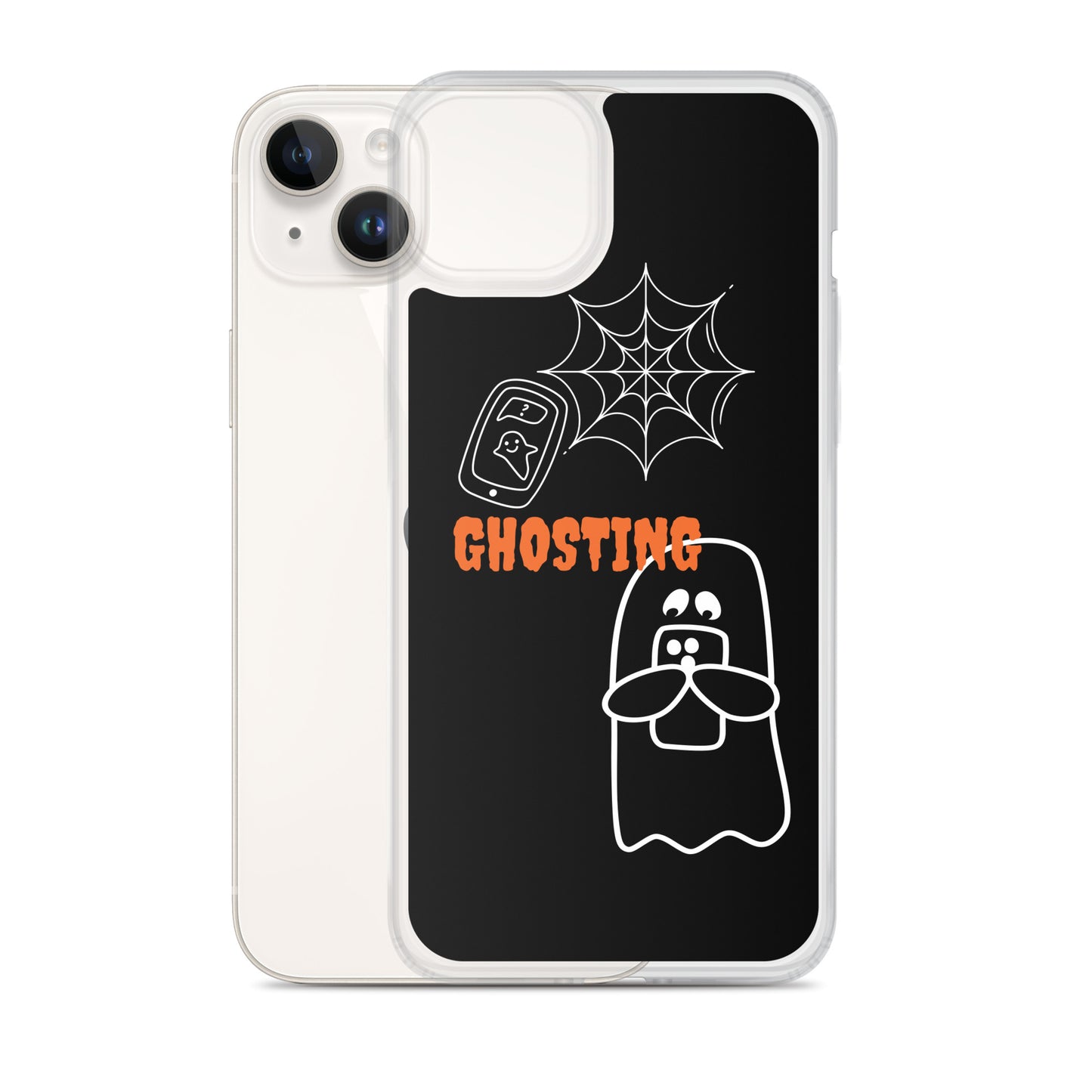 Clear Case for iPhone® with guosting theme, image of ghost and spider web