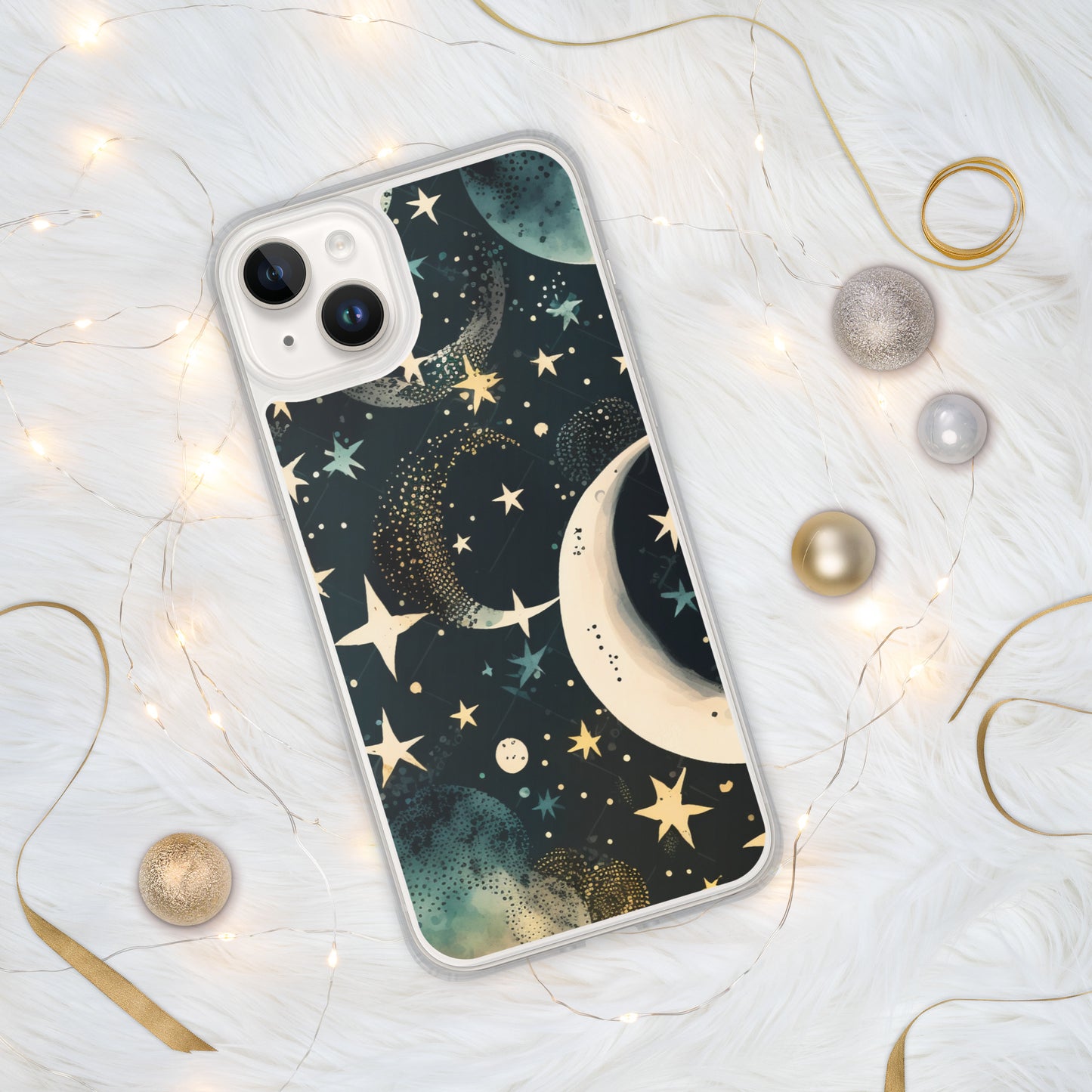 Clear Case for iPhone® night sky, stars, moon, blues, soft feel, multiple sizes