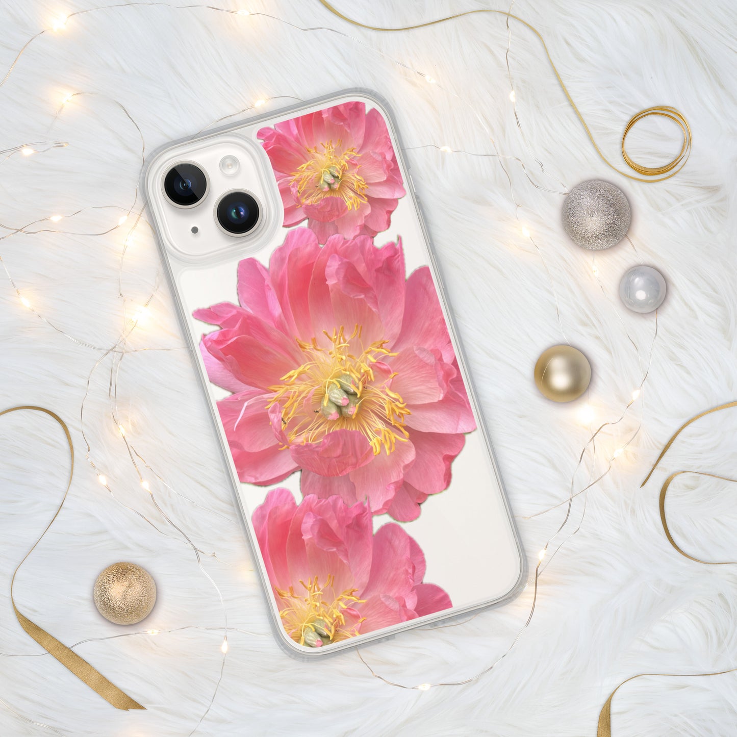 Clear Case for iPhone®, pink floral design of peonies on a clear background, accomodates many models of phone