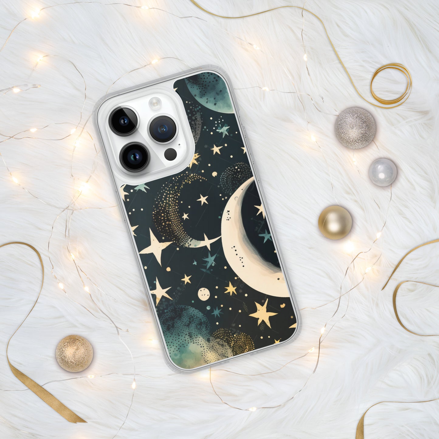 Clear Case for iPhone® night sky, stars, moon, blues, soft feel, multiple sizes