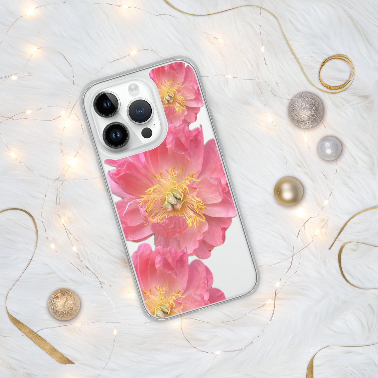 Clear Case for iPhone®, pink floral design of peonies on a clear background, accomodates many models of phone