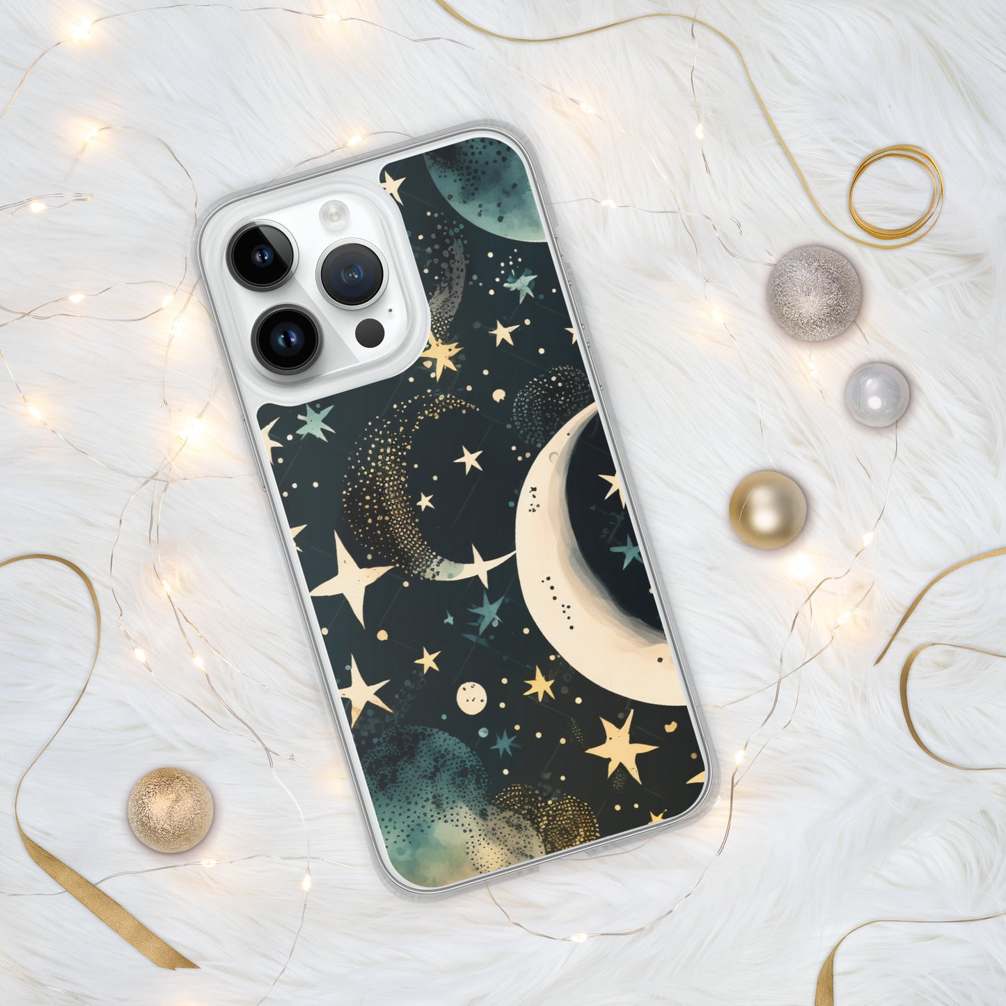 Clear Case for iPhone® night sky, stars, moon, blues, soft feel, multiple sizes