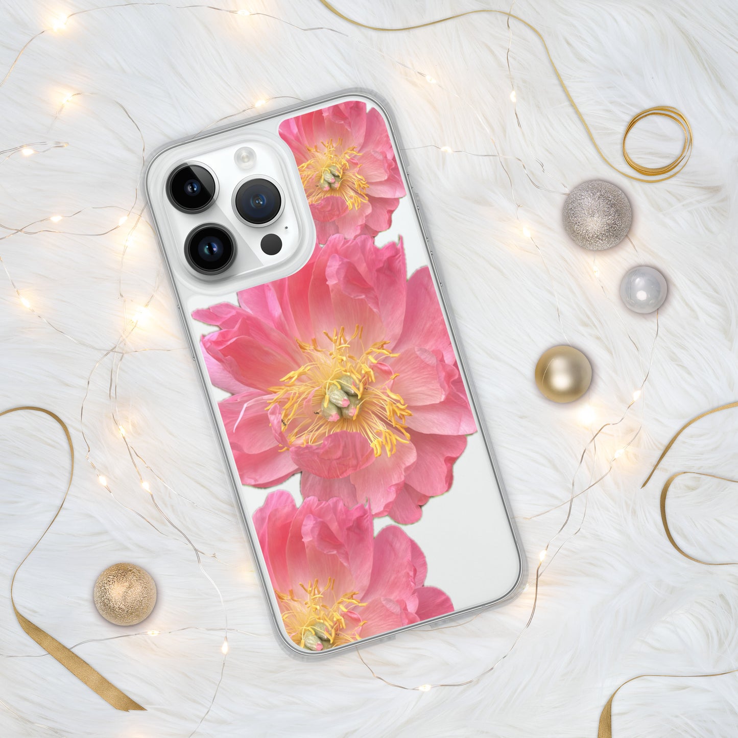 Clear Case for iPhone®, pink floral design of peonies on a clear background, accomodates many models of phone