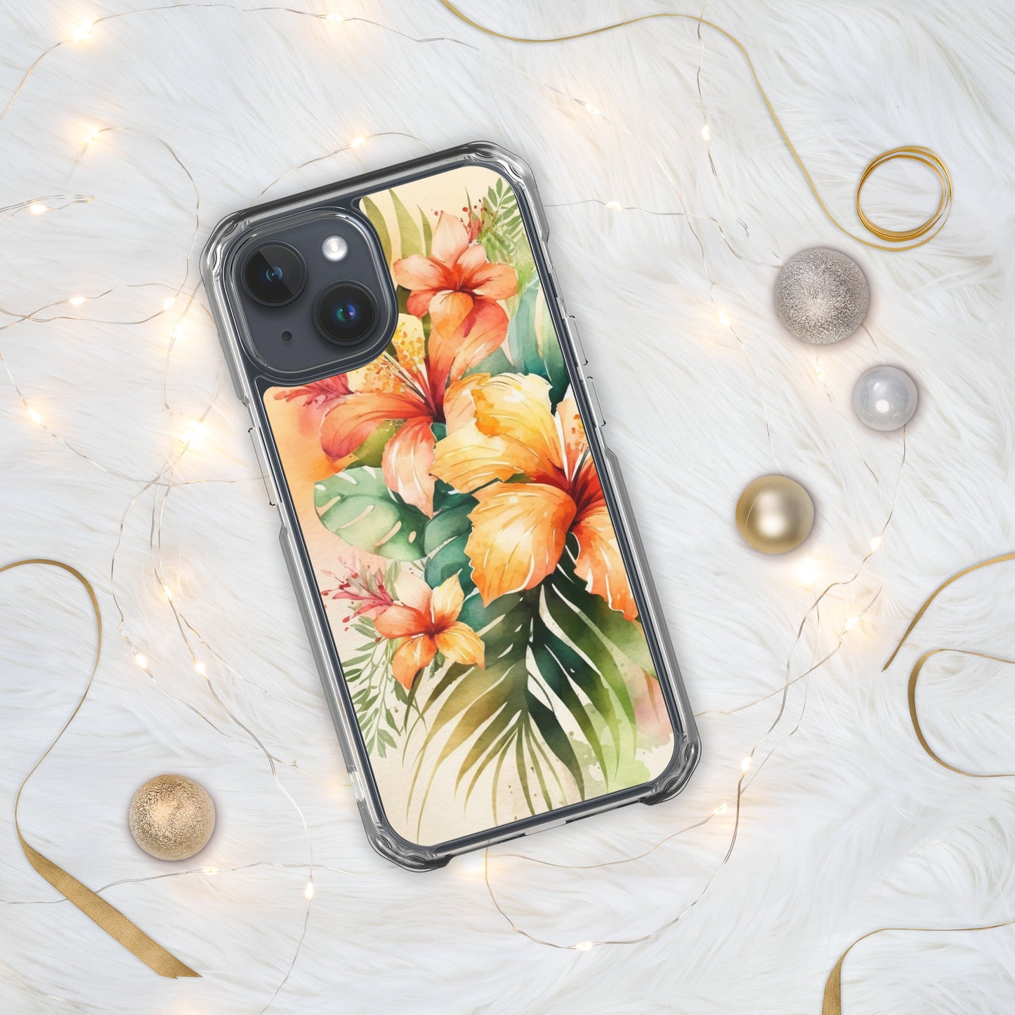 Clear Case for iPhone®floral design, apricot and orange florals, hibiscus, multiple sizes, fun and fresh