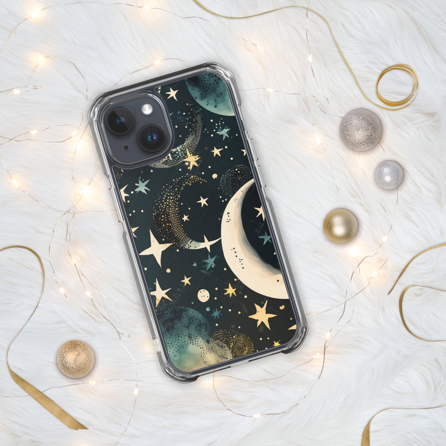 Clear Case for iPhone® night sky, stars, moon, blues, soft feel, multiple sizes