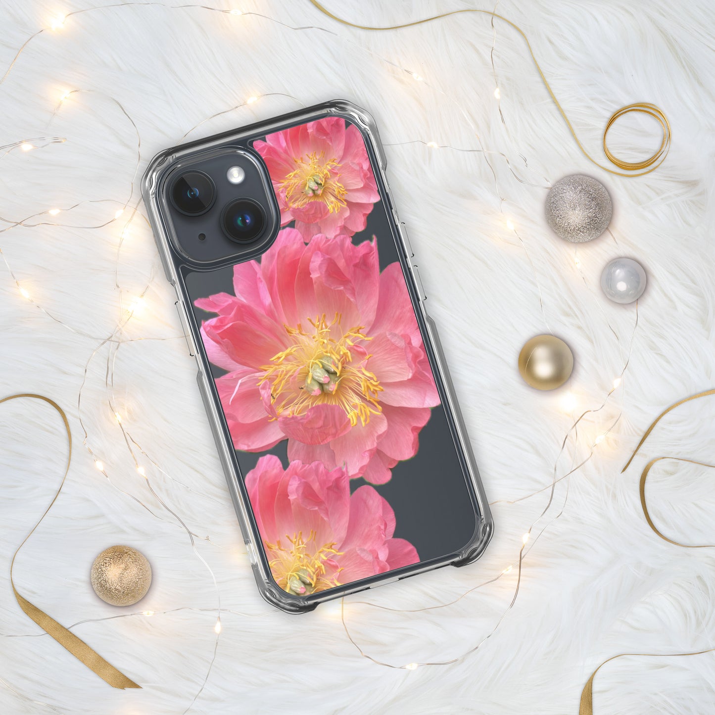 Clear Case for iPhone®, pink floral design of peonies on a clear background, accomodates many models of phone