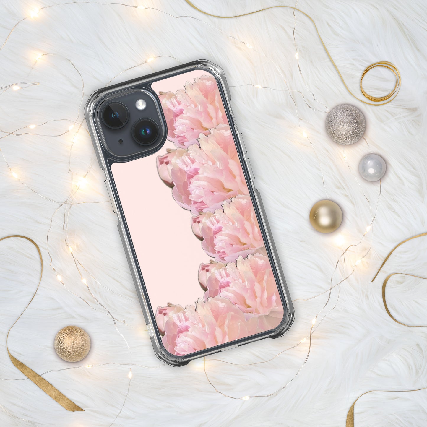 Pink Case for iPhone®, pink floral design of peonies on a pink background, accommodates many models of iPhone