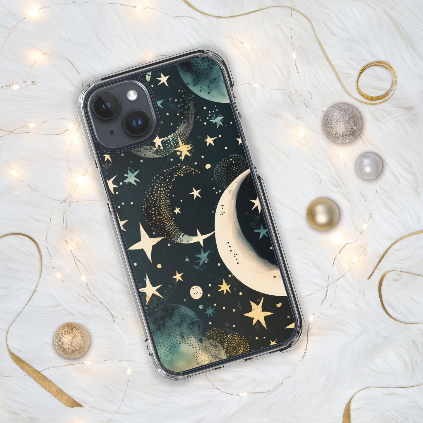 Clear Case for iPhone® night sky, stars, moon, blues, soft feel, multiple sizes