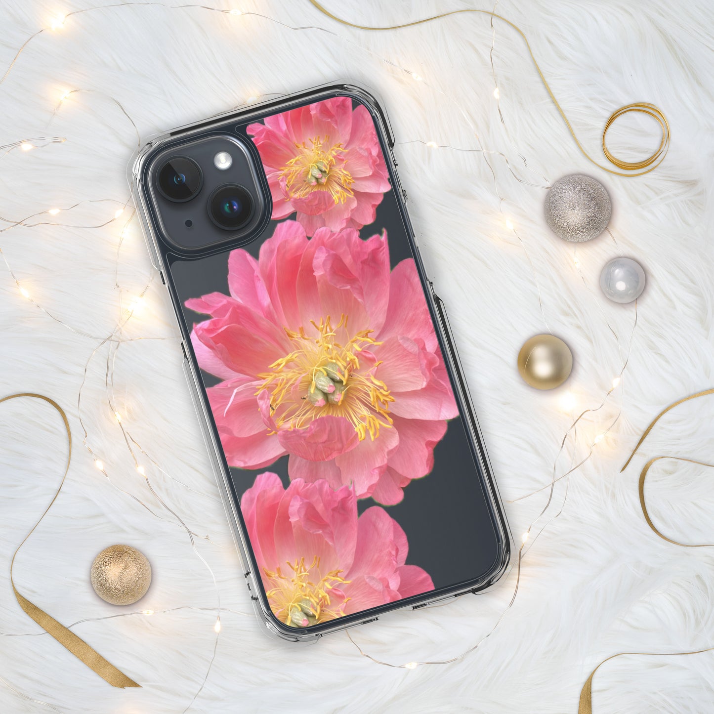 Clear Case for iPhone®, pink floral design of peonies on a clear background, accomodates many models of phone