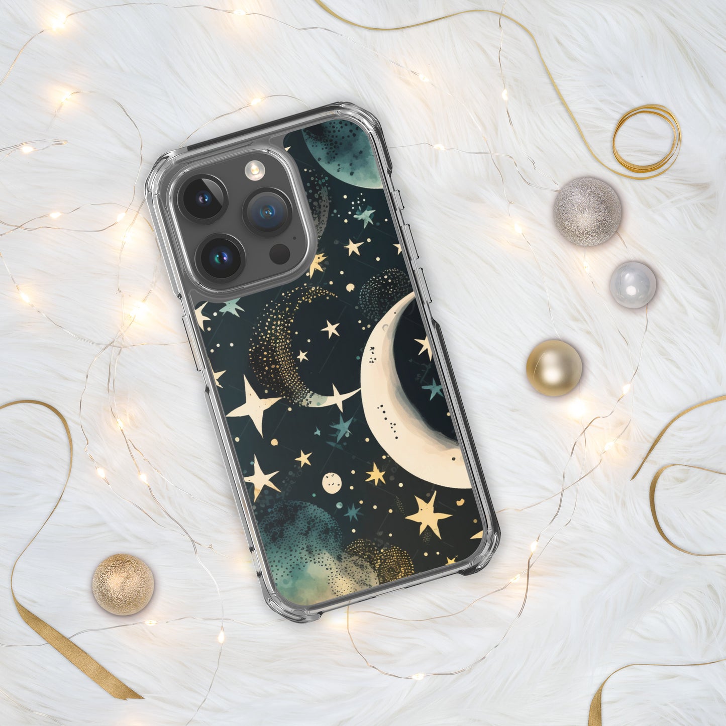 Clear Case for iPhone® night sky, stars, moon, blues, soft feel, multiple sizes