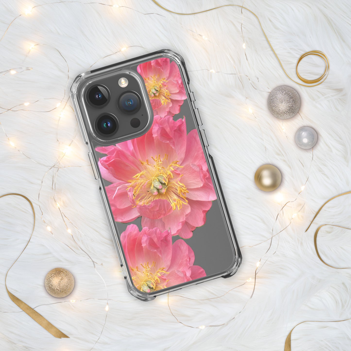 Clear Case for iPhone®, pink floral design of peonies on a clear background, accomodates many models of phone