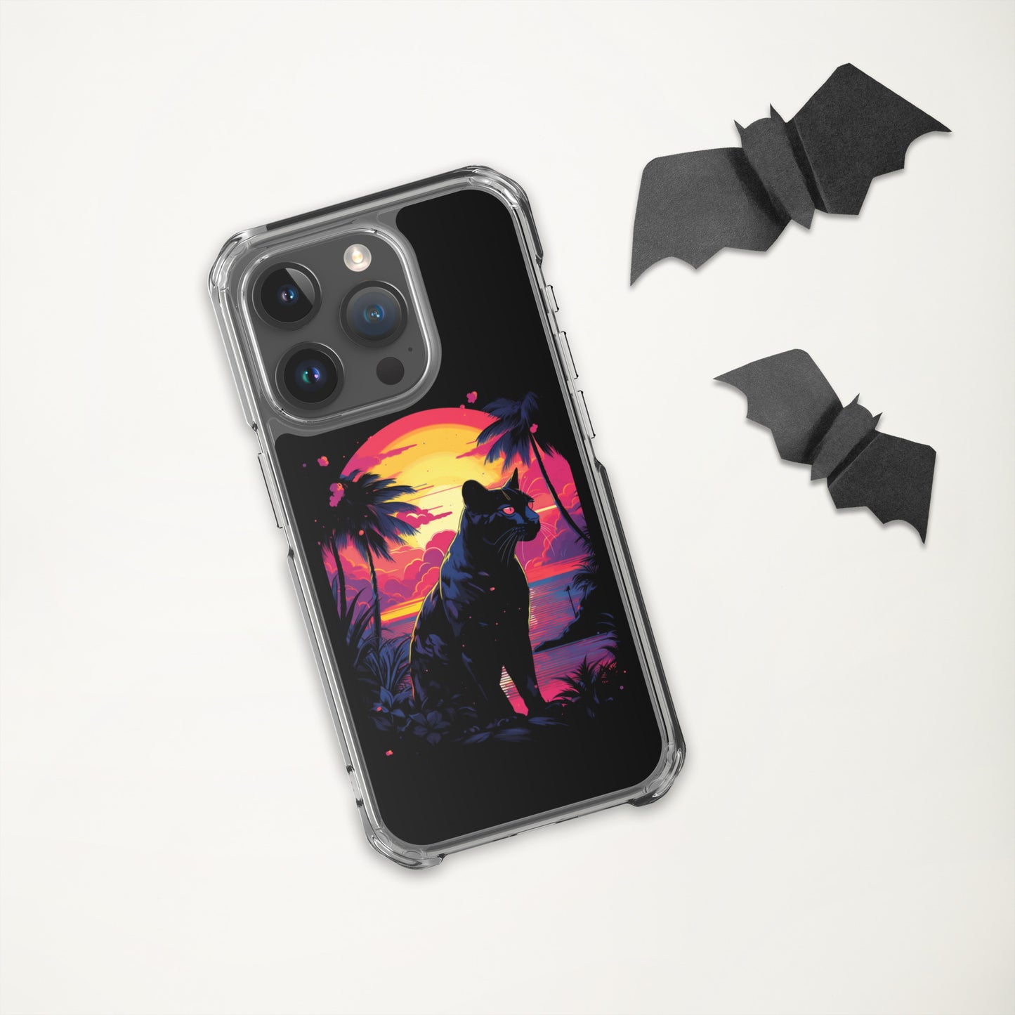 Panther Case for iPhone®, flexible, solid, black, fits various models, palm tree, sunset