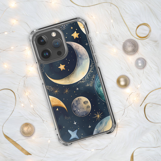 Clear Case for iPhone® night sky design in blue hues, stars, planets, moon, multiple sizes