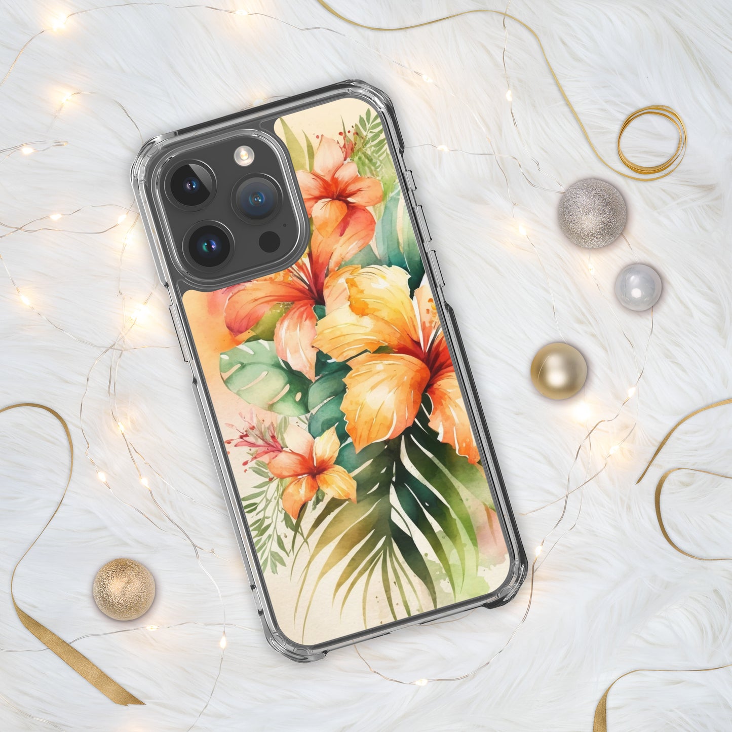 Clear Case for iPhone®floral design, apricot and orange florals, hibiscus, multiple sizes, fun and fresh