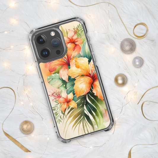 Clear Case for iPhone®floral design, apricot and orange florals, hibiscus, multiple sizes, fun and fresh