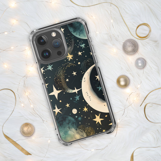 Clear Case for iPhone® night sky, stars, moon, blues, soft feel, multiple sizes