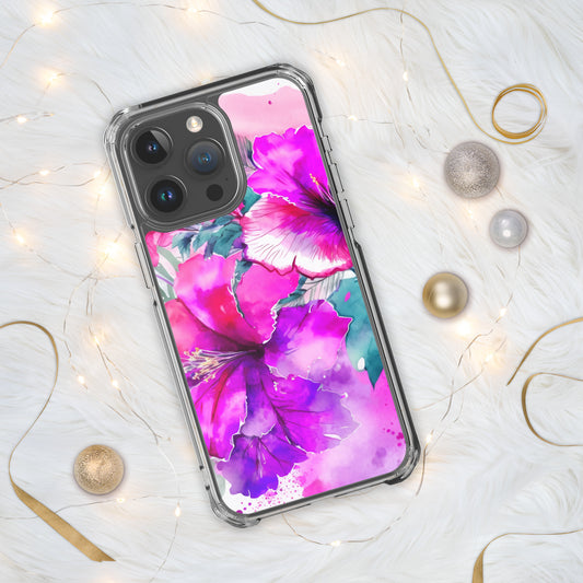 Clear Case for iPhone®, pink and purple hibisuc flower design, floral, multiple sizes