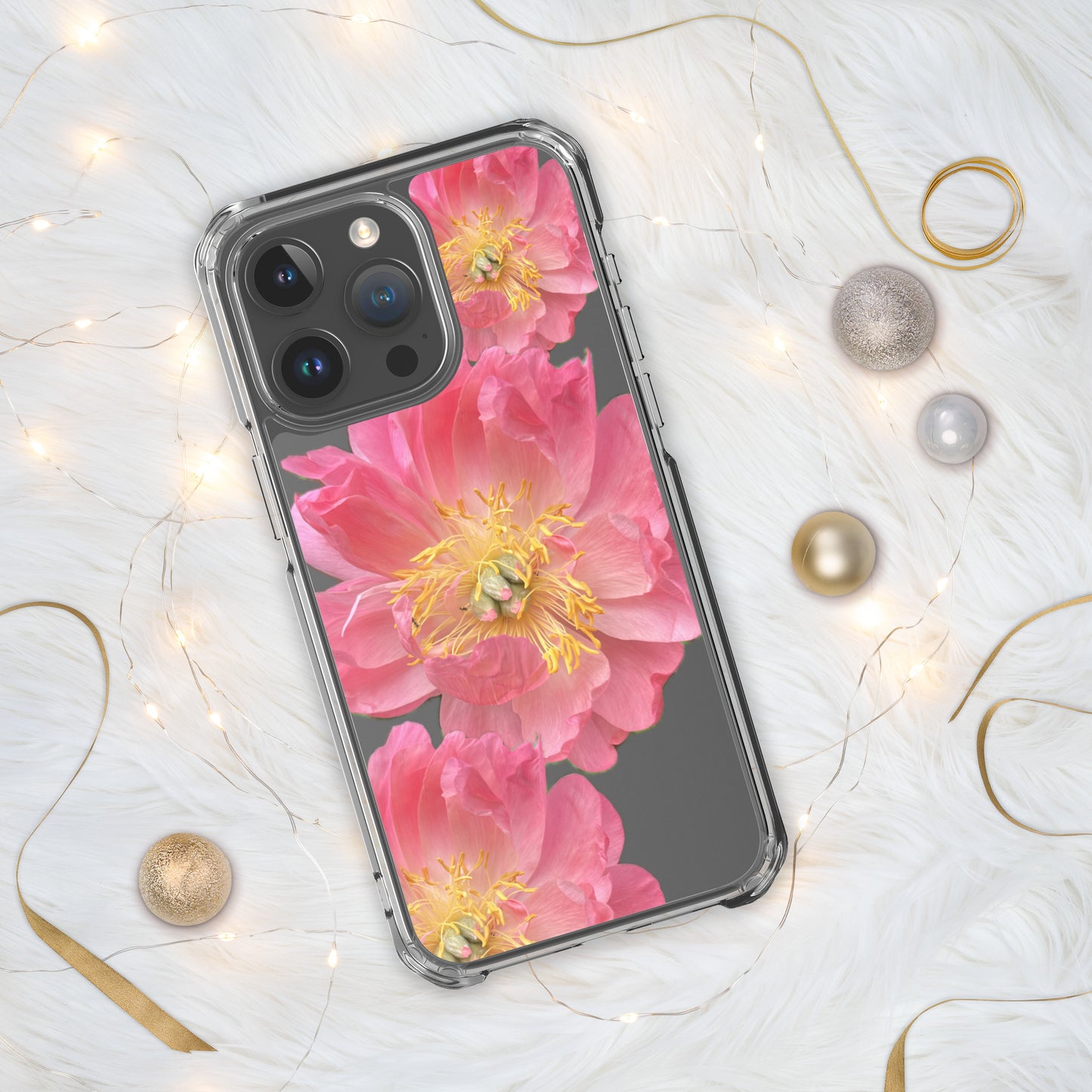 Clear Case for iPhone®, pink floral design of peonies on a clear background, accomodates many models of phone